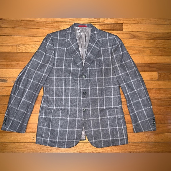 Isaia Plaid Cashmere Wool Grey Suit Windowpane Size 50 Drop 8R Base Marechiaro - Picture 4 of 12